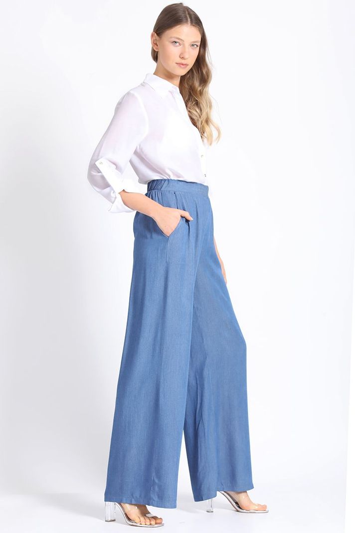 Pantalon Ancho Chambray Listado, Azul Liola-5