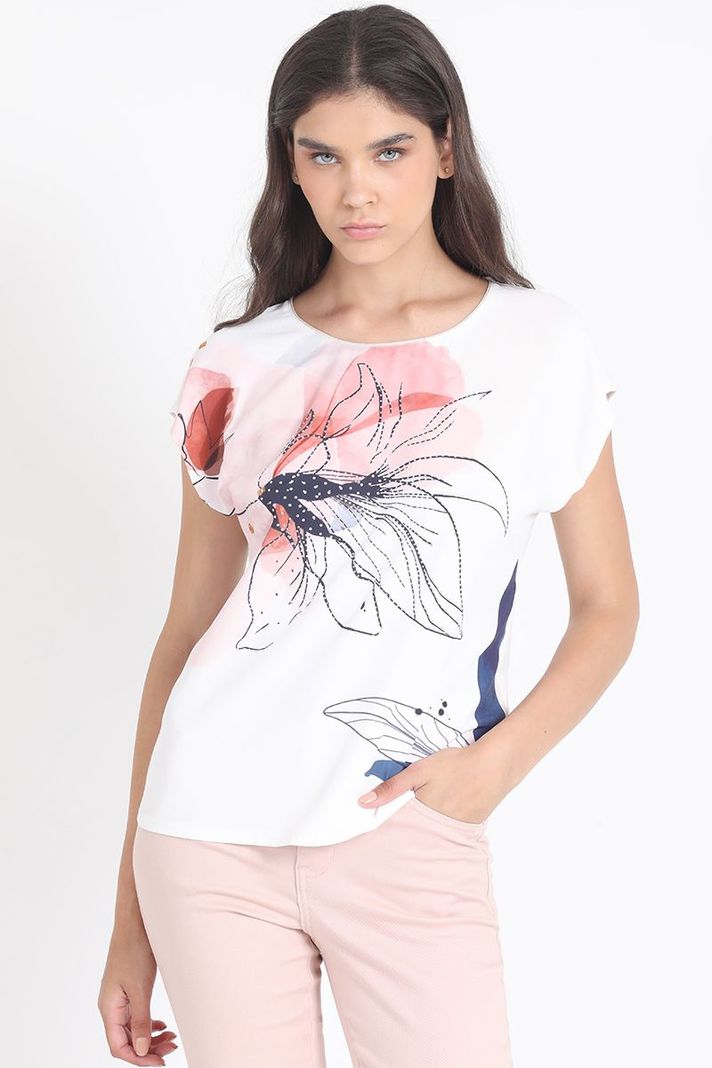 Polera Con Satin, Flor Delineado Y Strass, Crudo Liola-0