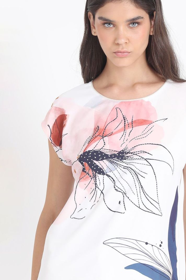 Polera Con Satin, Flor Delineado Y Strass, Crudo Liola-1