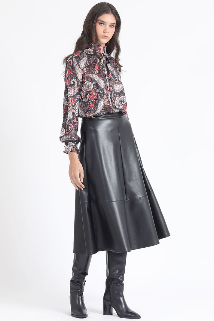 Falda Midi, Efecto Cuero, Negro Liola-1