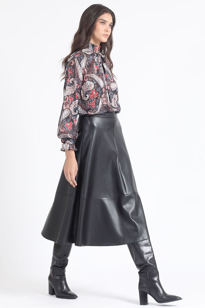 Falda Midi, Efecto Cuero, Negro Liola-2