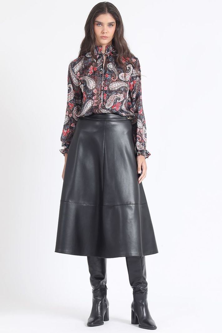 Falda Midi, Efecto Cuero, Negro Liola-3
