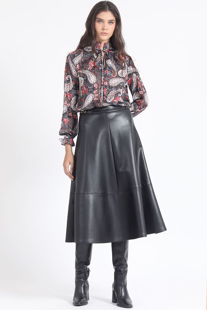 Falda Midi, Efecto Cuero, Negro Liola-4