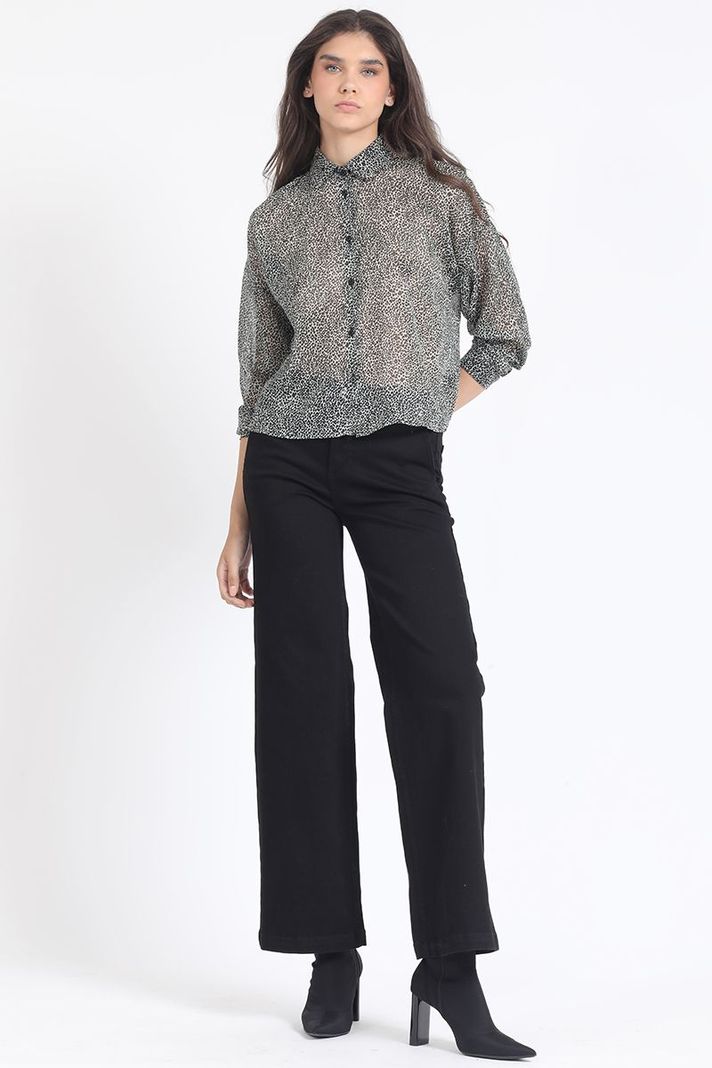 Jeans Straight Color, Tiro Medio, Con Bordado, Negro Liola-0