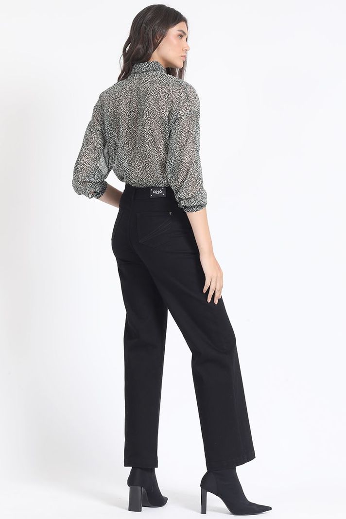 Jeans Straight Color, Tiro Medio, Con Bordado, Negro Liola-4