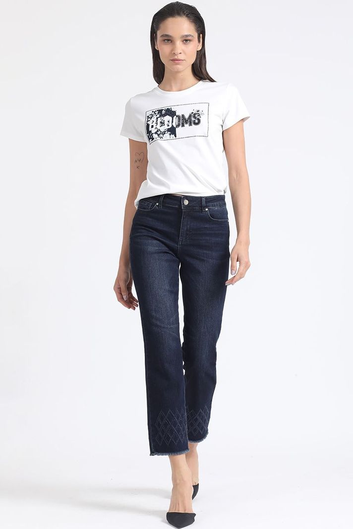 Jeans Slim Tiro Medio, Bordado, Indigo Liola-0