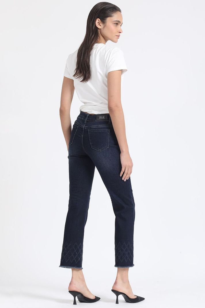 Jeans Slim Tiro Medio, Bordado, Indigo Liola-3
