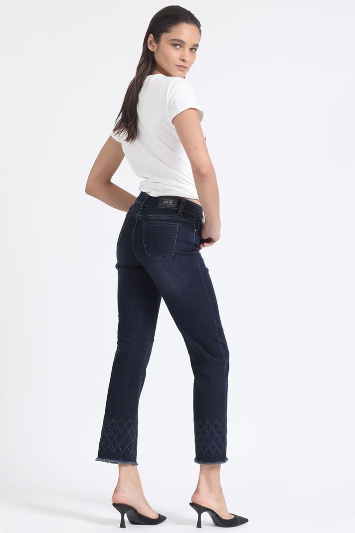 Jeans Slim Tiro Medio, Bordado, Indigo Liola-4