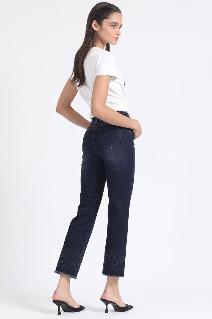 Jeans Slim Tiro Medio, Bordado, Indigo Liola-5