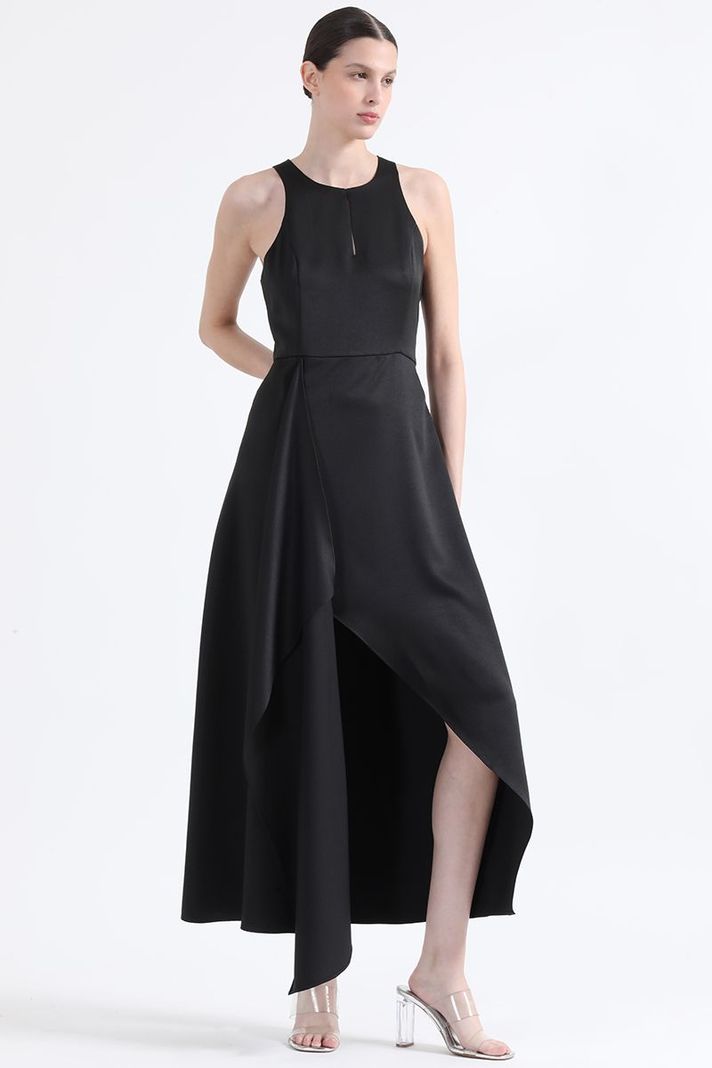 Vestido Maxi, Rucha Asimetrica, Negro Liola-0