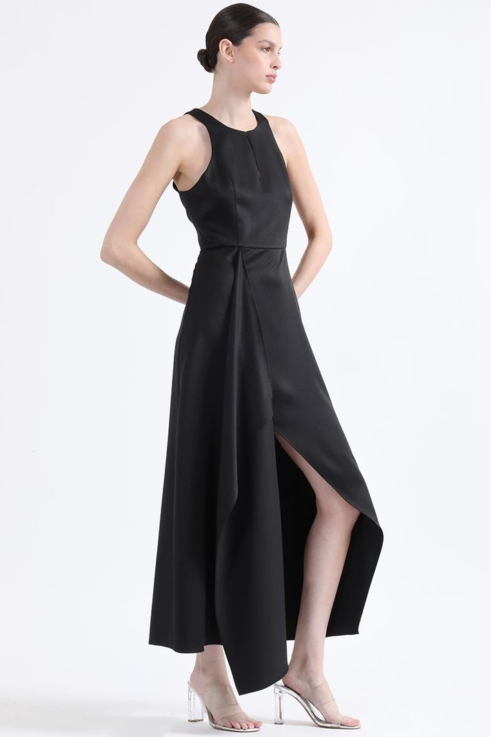 Vestido Maxi, Rucha Asimetrica, Negro Liola-1