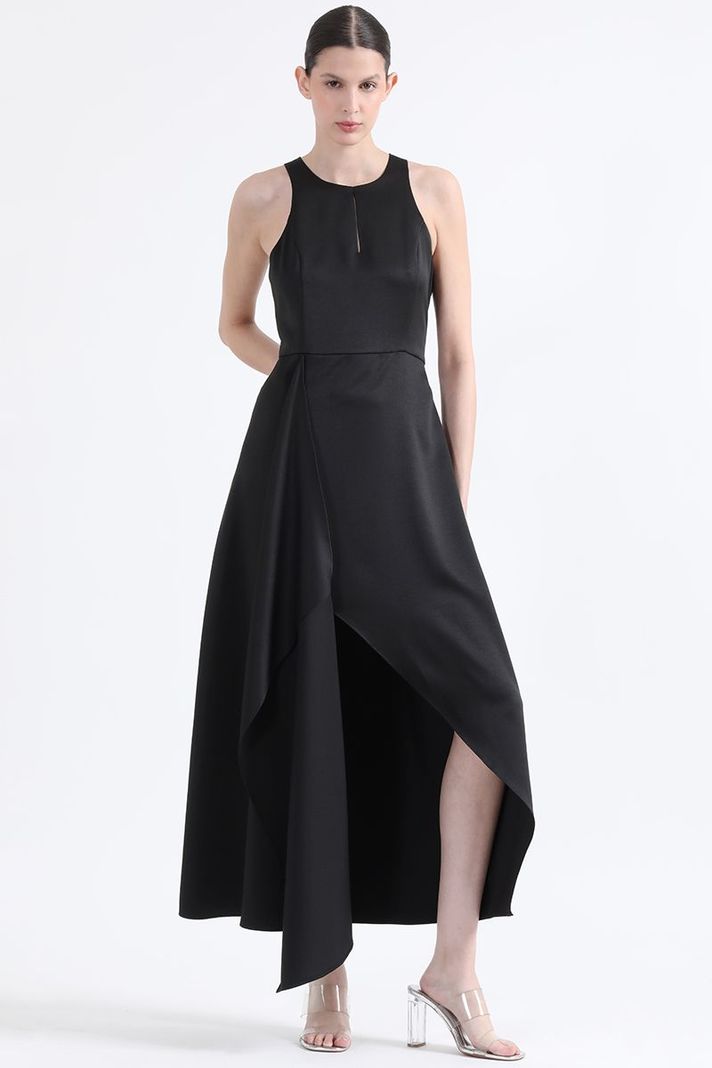 Vestido Maxi, Rucha Asimetrica, Negro Liola-2
