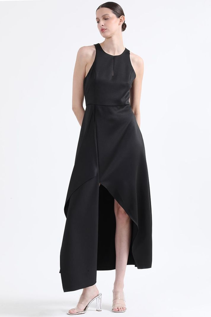 Vestido Maxi, Rucha Asimetrica, Negro Liola-4