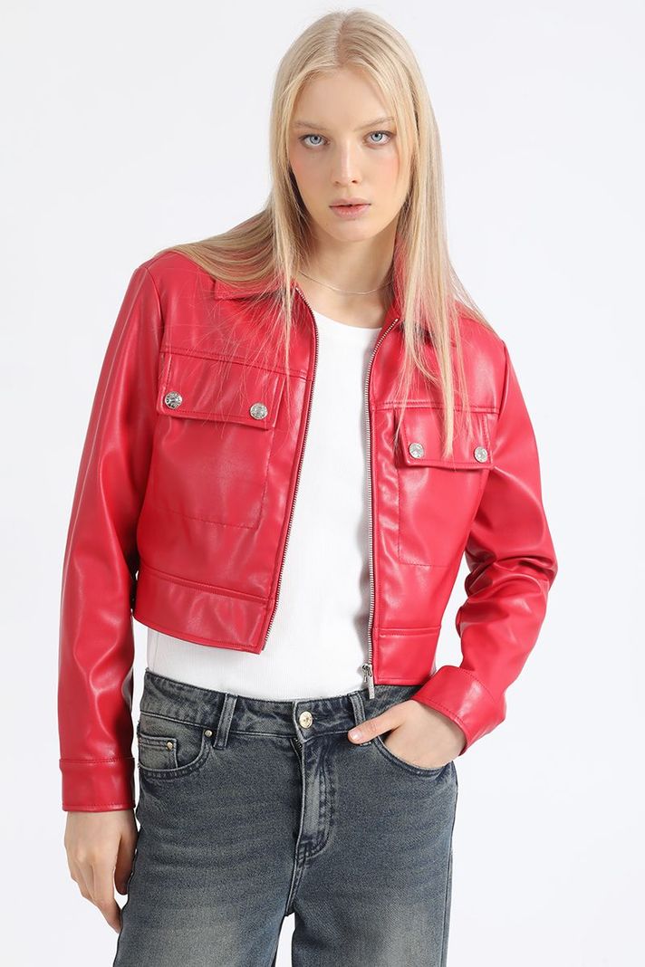 Chaqueta Crop Recta Efecto Cuero, Rojo Liola-0