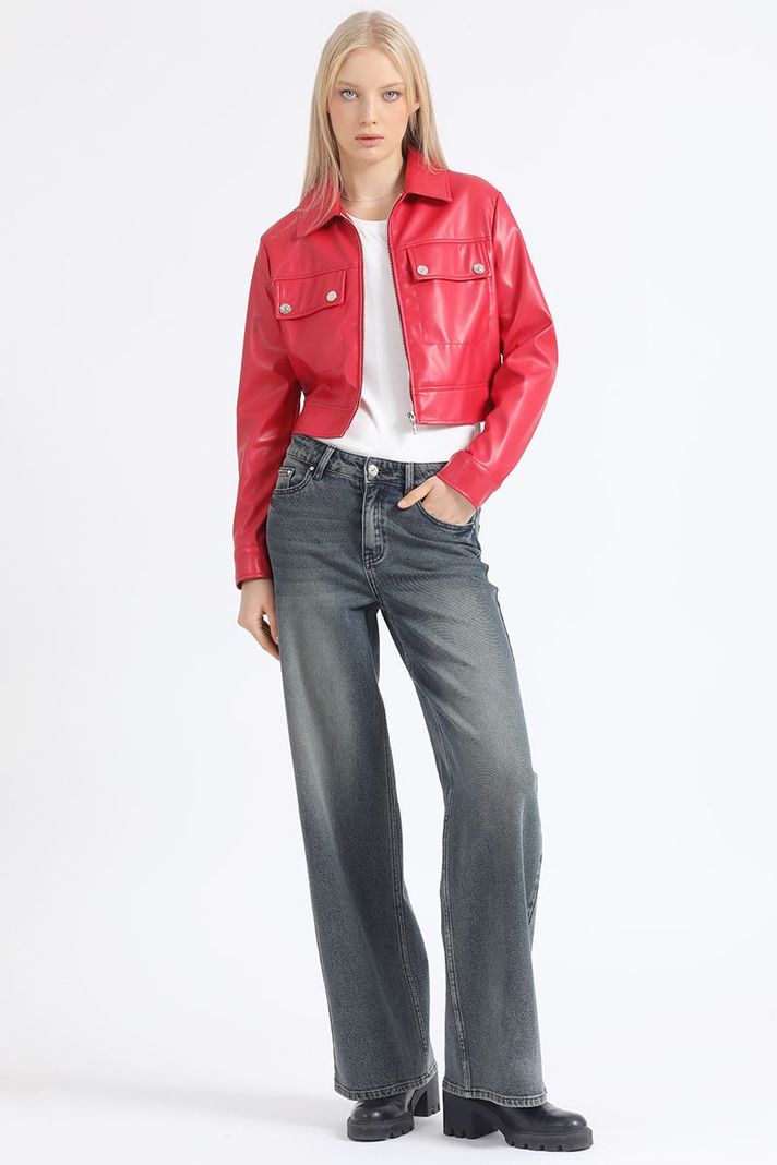 Chaqueta Crop Recta Efecto Cuero, Rojo Liola-1