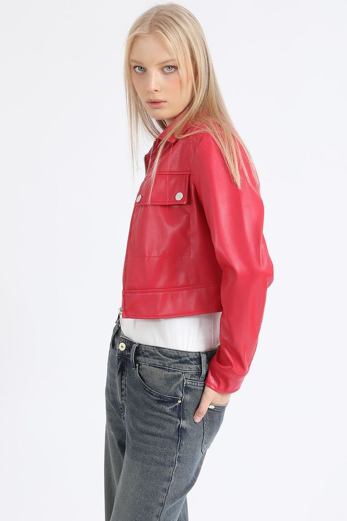 Chaqueta Crop Recta Efecto Cuero, Rojo Liola-2