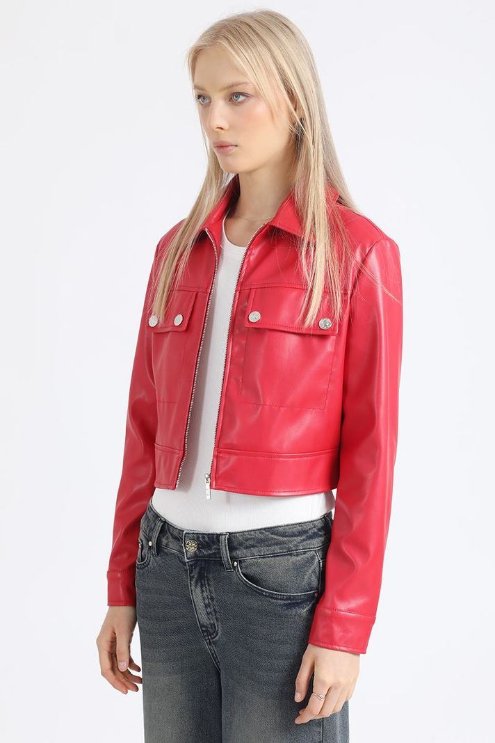 Chaqueta Crop Recta Efecto Cuero, Rojo Liola-3