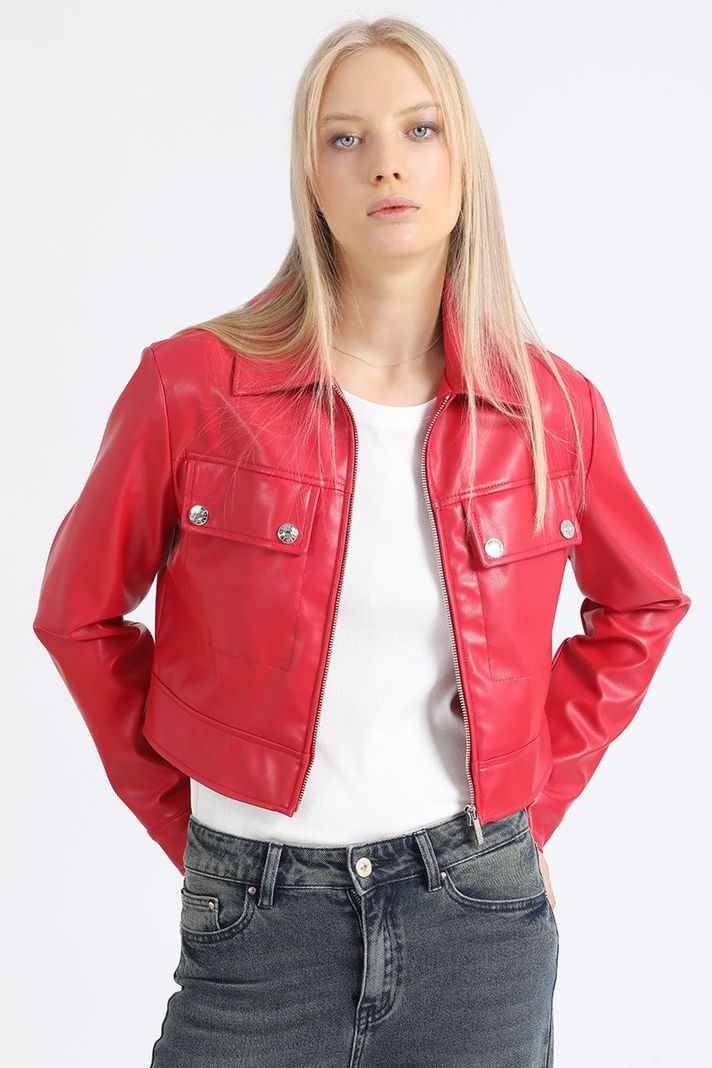 Chaqueta Crop Recta Efecto Cuero, Rojo Liola-6