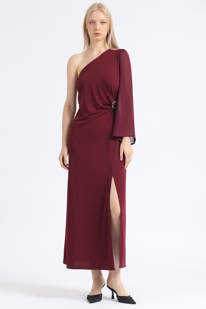 Vestido Maxi, Aplicación Strass, Un Hombro, Vino Liola-0