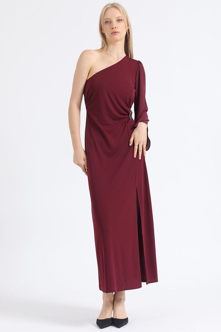 Vestido Maxi, Aplicación Strass, Un Hombro, Vino Liola-1