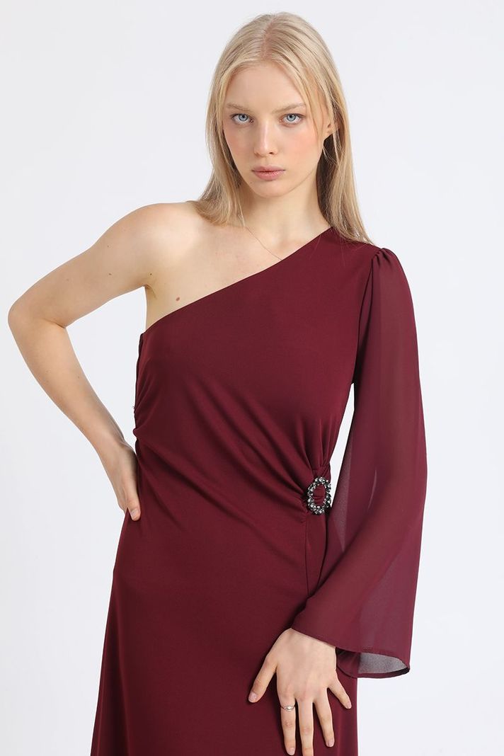 Vestido Maxi, Aplicación Strass, Un Hombro, Vino Liola-2