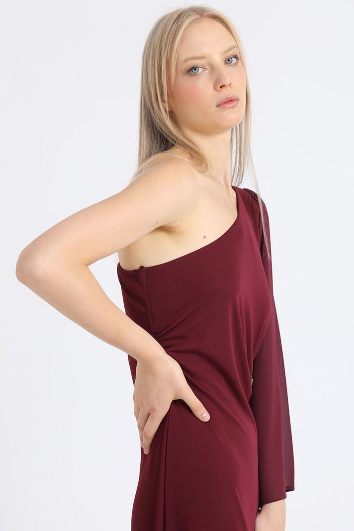 Vestido Maxi, Aplicación Strass, Un Hombro, Vino Liola-3
