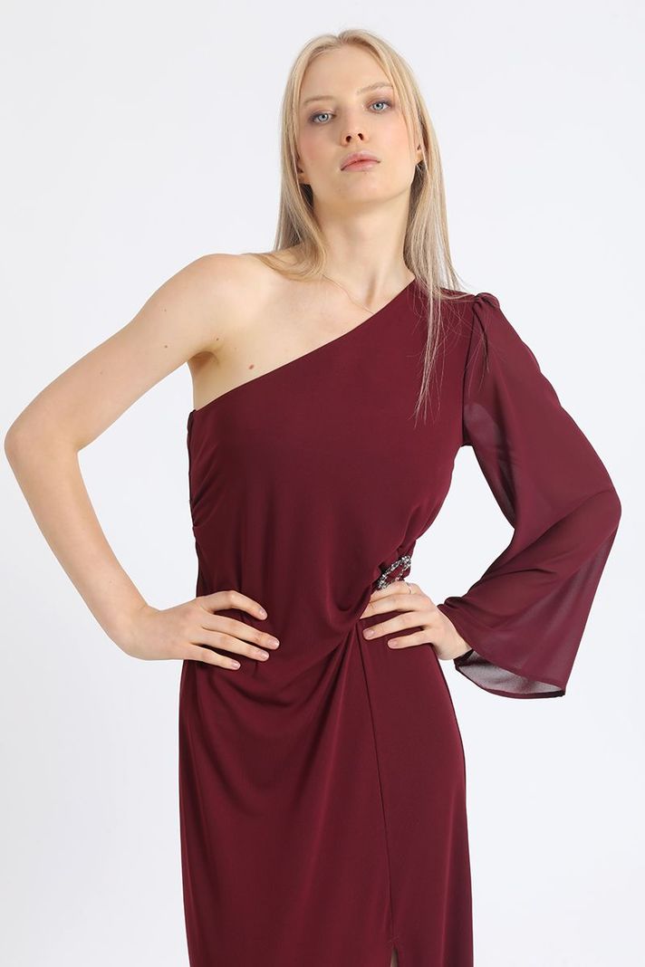Vestido Maxi, Aplicación Strass, Un Hombro, Vino Liola-5