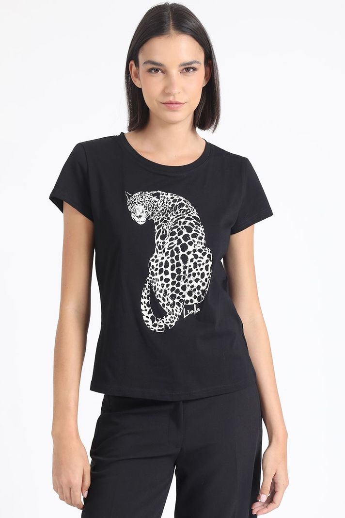 Polera Algodón, Estampado Leopardo, Negro Liola-0