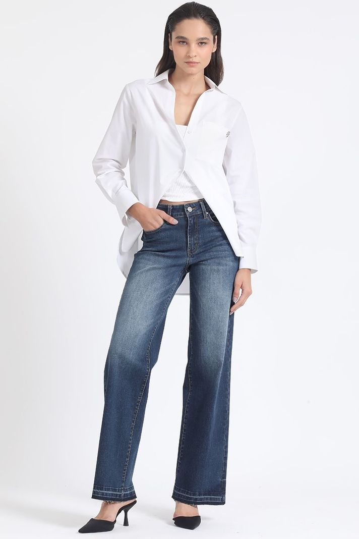 Jeans Straight Tiro Medio, Desgaste, Indigo Liola-0