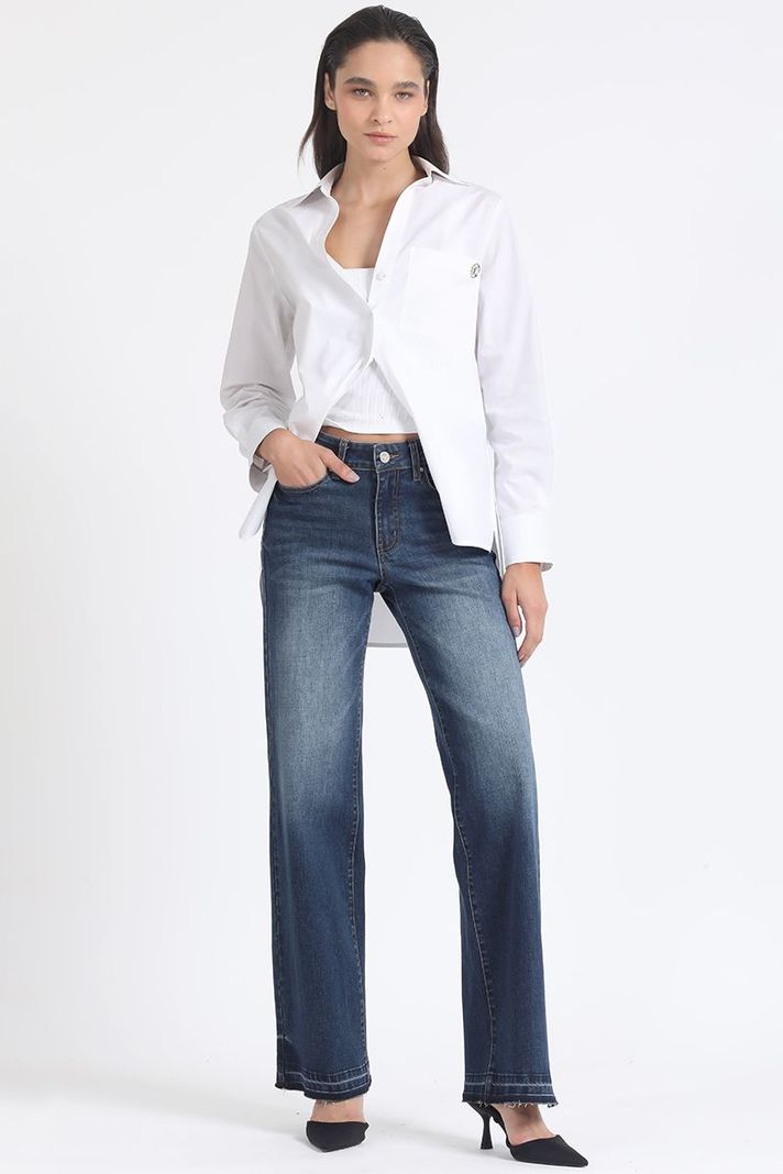 Jeans Straight Tiro Medio, Desgaste, Indigo Liola-2