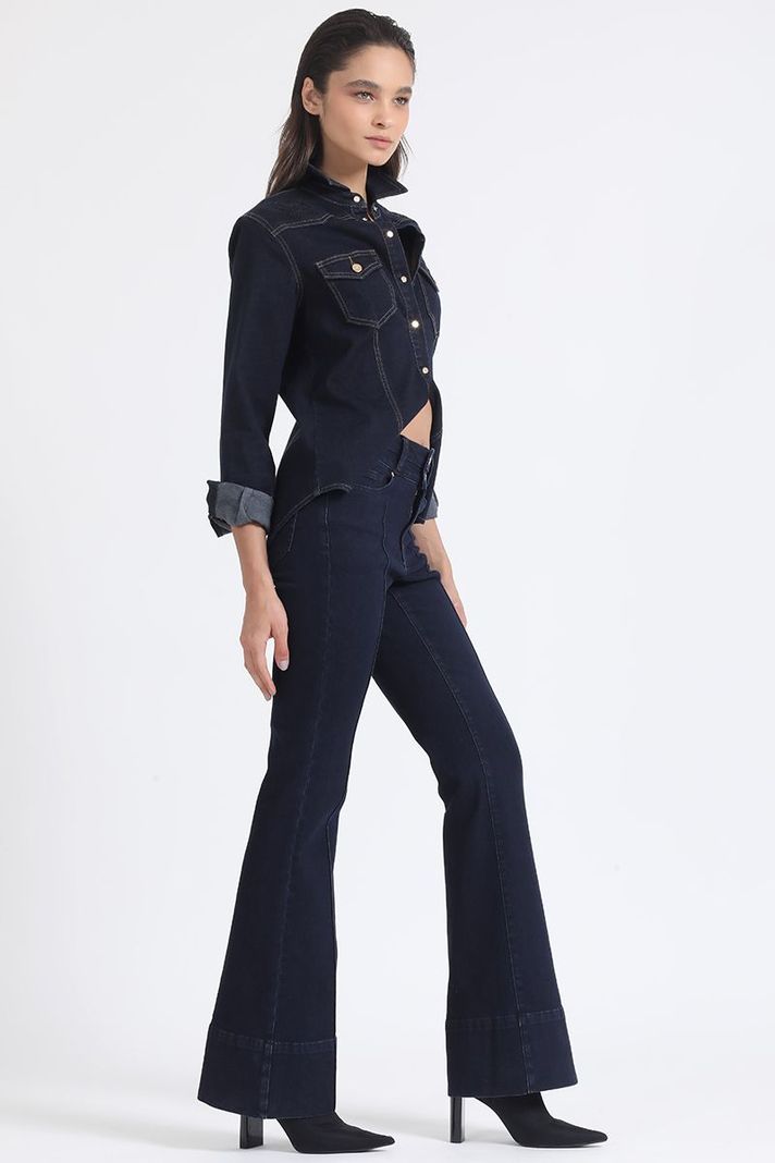Jeans Flare Tiro Medio, Doble Pretina, Indigo Liola-1
