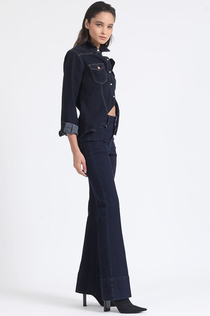 Jeans Flare Tiro Medio, Doble Pretina, Indigo Liola-2