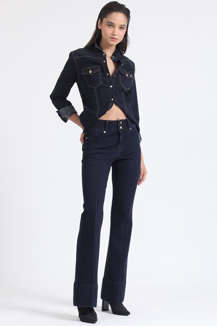 Jeans Flare Tiro Medio, Doble Pretina, Indigo Liola-3