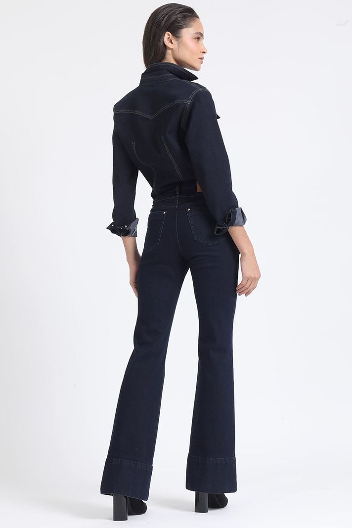Jeans Flare Tiro Medio, Doble Pretina, Indigo Liola-4