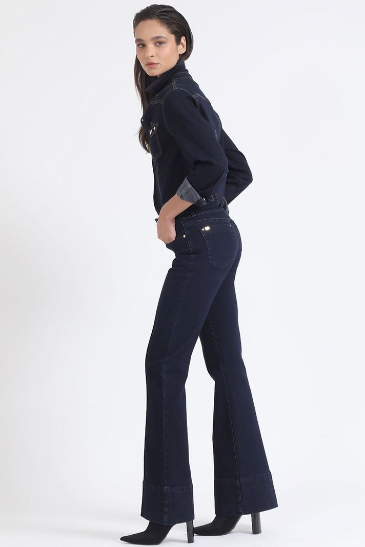 Jeans Flare Tiro Medio, Doble Pretina, Indigo Liola-5