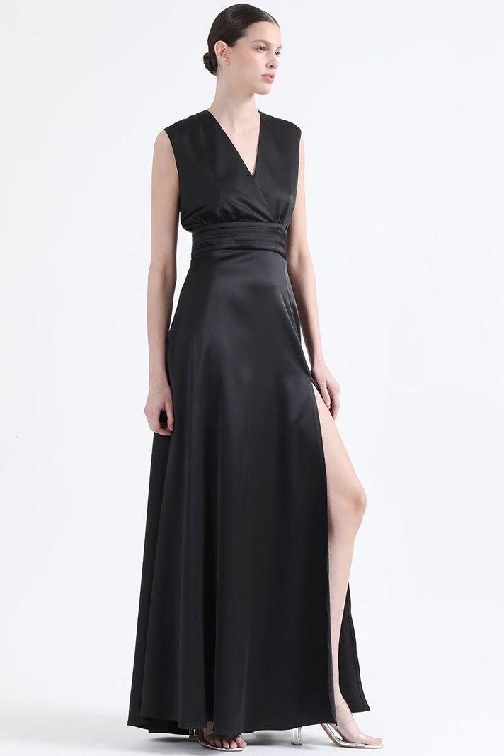 Vestido Maxi Alforzas, Satin, Negro Liola-0