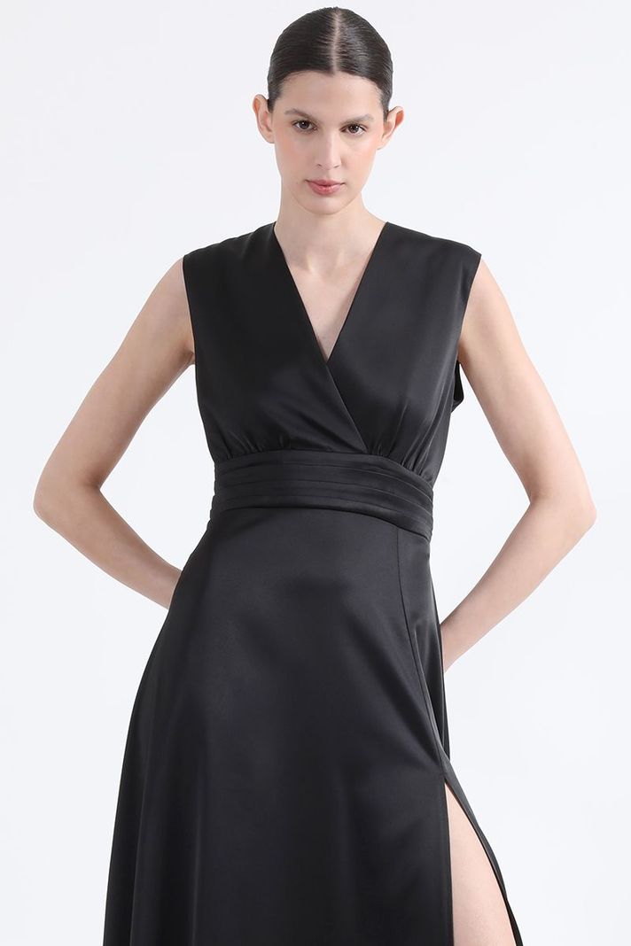 Vestido Maxi Alforzas, Satin, Negro Liola-1