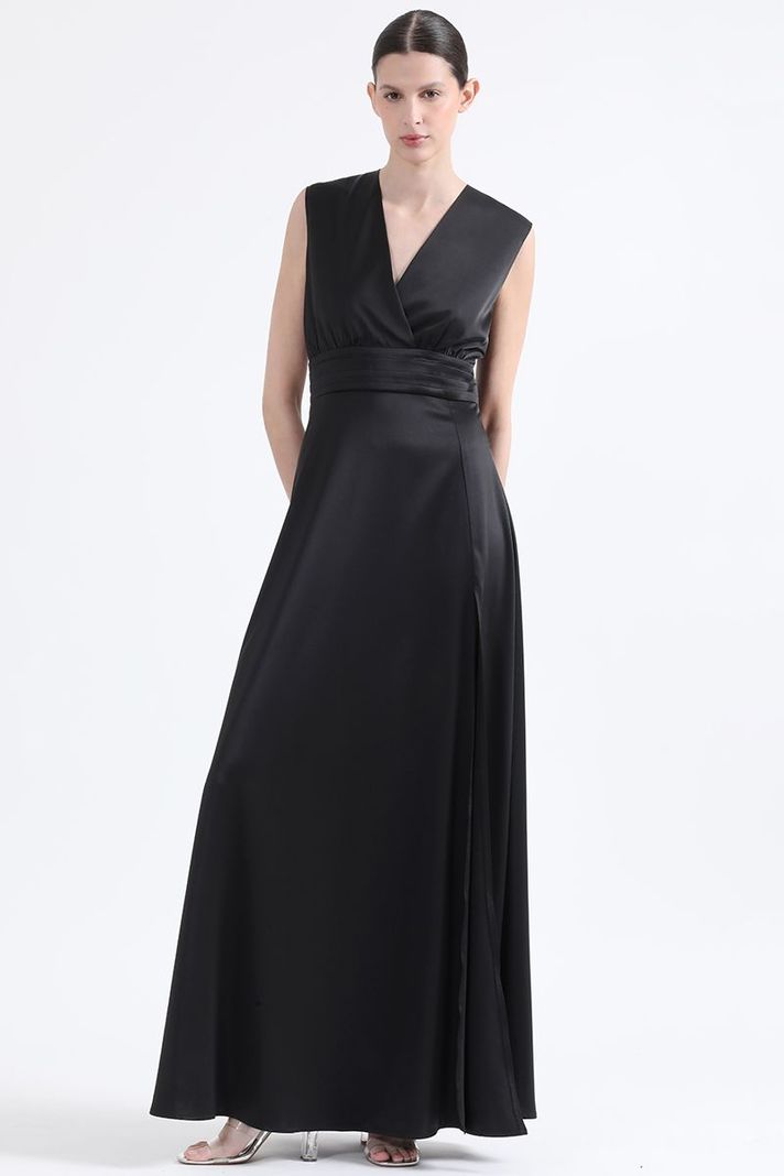 Vestido Maxi Alforzas, Satin, Negro Liola-2