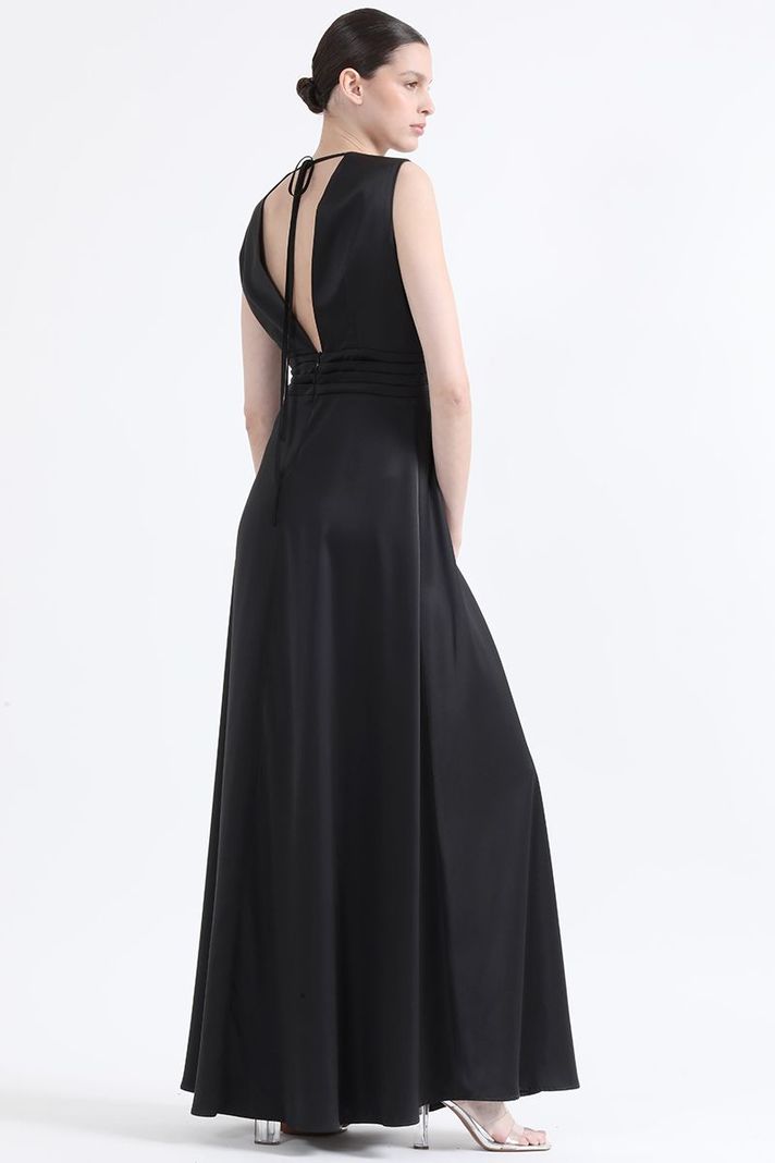 Vestido Maxi Alforzas, Satin, Negro Liola-3