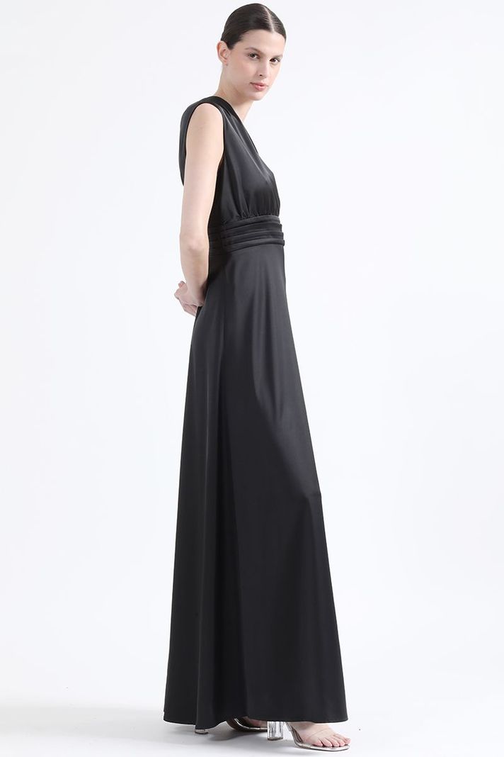 Vestido Maxi Alforzas, Satin, Negro Liola-5