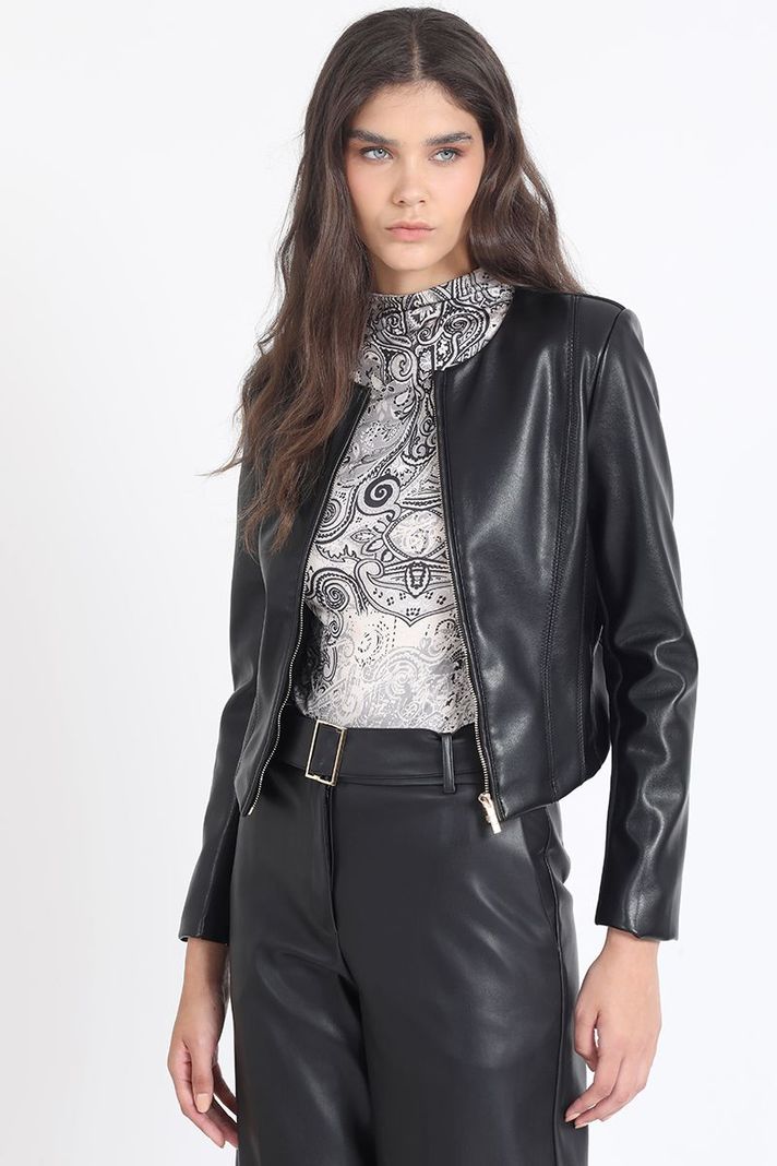 Chaqueta Corta Efecto Cuero Mix, Negro Liola-0