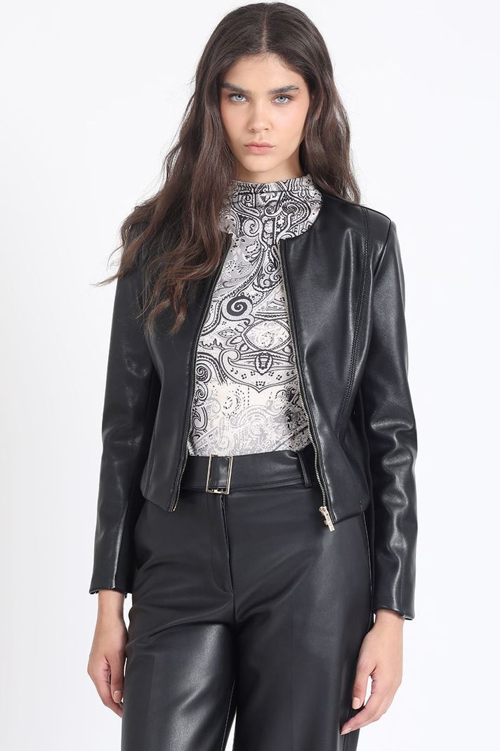 Chaqueta Corta Efecto Cuero Mix, Negro Liola-2