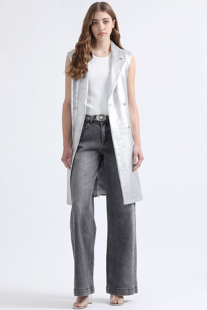 Chaqueta Larga Efecto Gamuza Metalizada, Plateado Liola-1