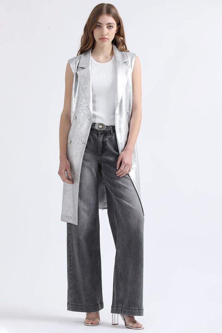 Chaqueta Larga Efecto Gamuza Metalizada, Plateado Liola-2