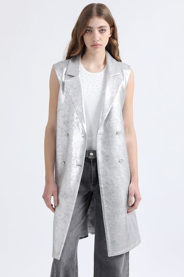 Chaqueta Larga Efecto Gamuza Metalizada, Plateado Liola-3