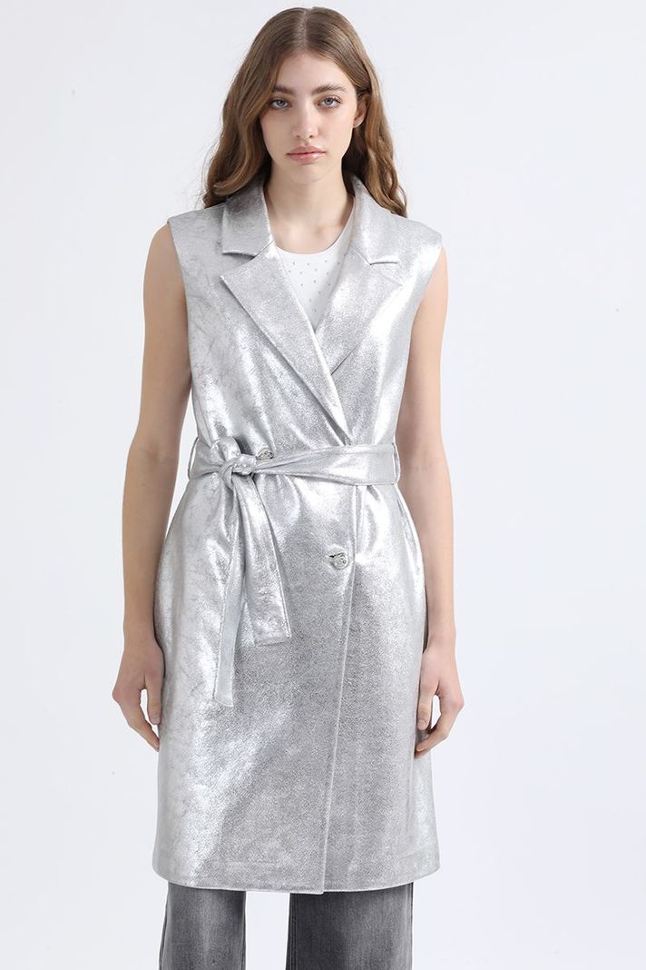 Chaqueta Larga Efecto Gamuza Metalizada, Plateado Liola-5