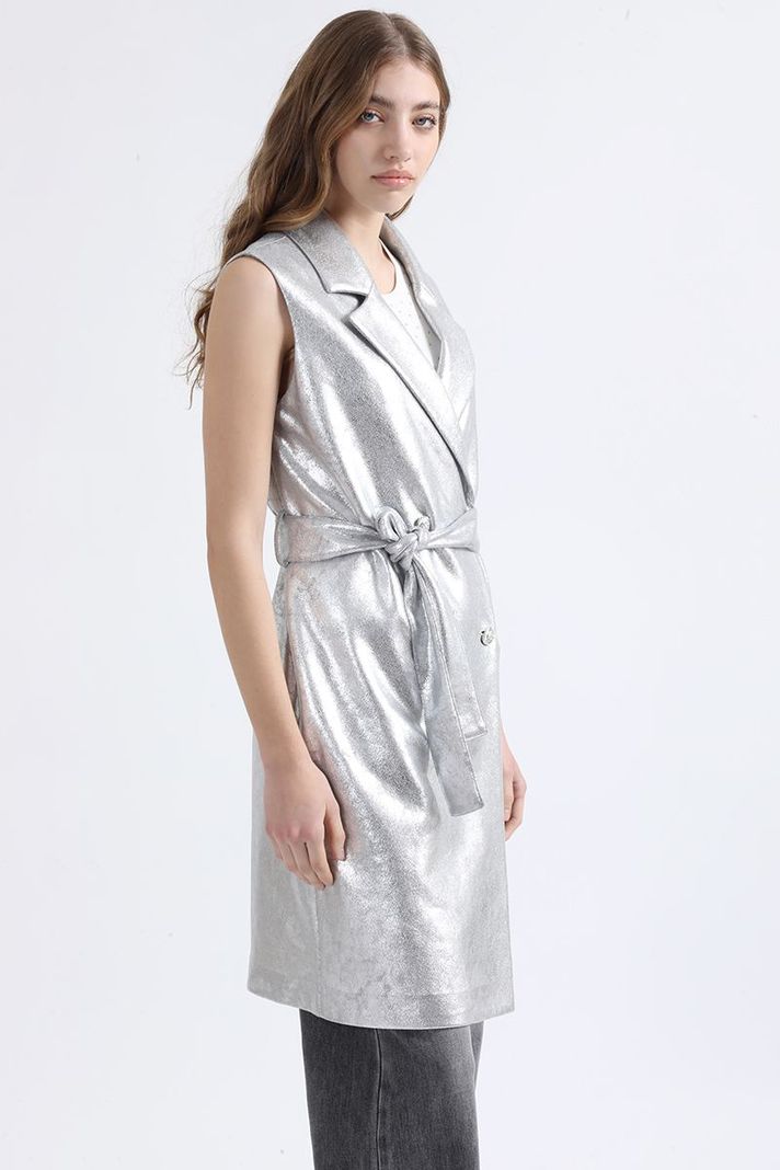 Chaqueta Larga Efecto Gamuza Metalizada, Plateado Liola-6