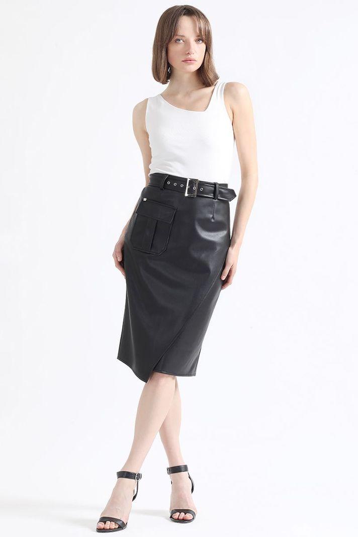 Falda Midi Asimetrica, Simil Cuero, Negro Liola-0