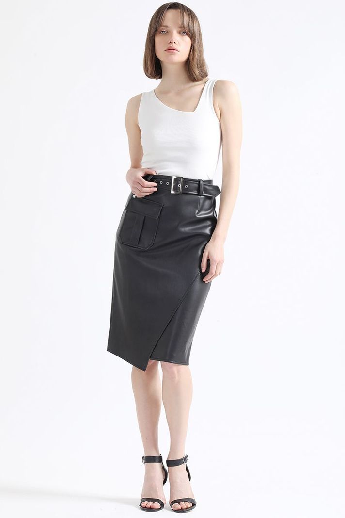 Falda Midi Asimetrica, Simil Cuero, Negro Liola-1