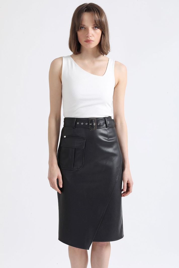 Falda Midi Asimetrica, Simil Cuero, Negro Liola-2